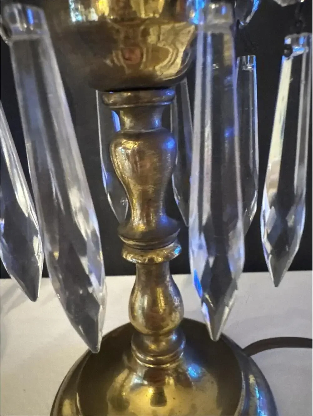 VTG MCM Pair of Electrified Boudoir Brass Hurricane Lamps With Hanging Crystals